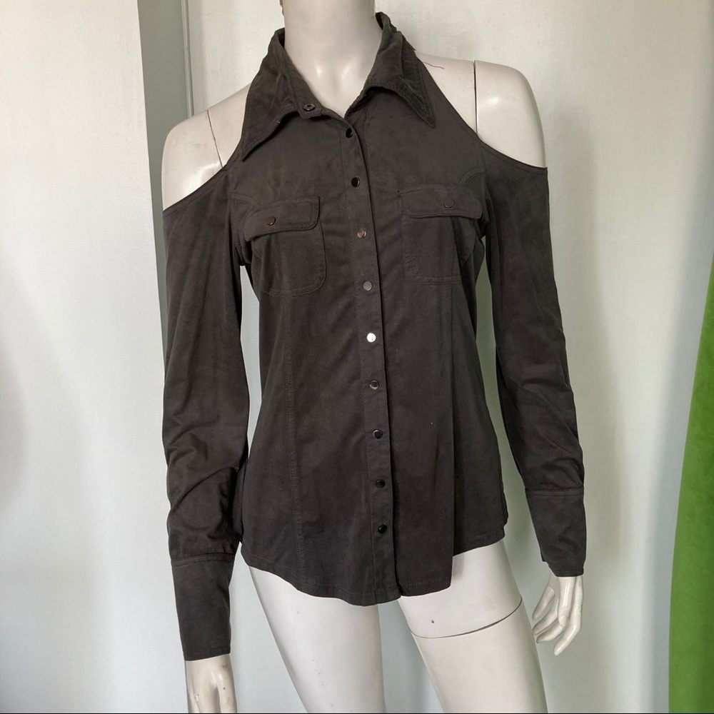Vertigo Suede Cold Shoulder Button Front Top Grey… - image 1
